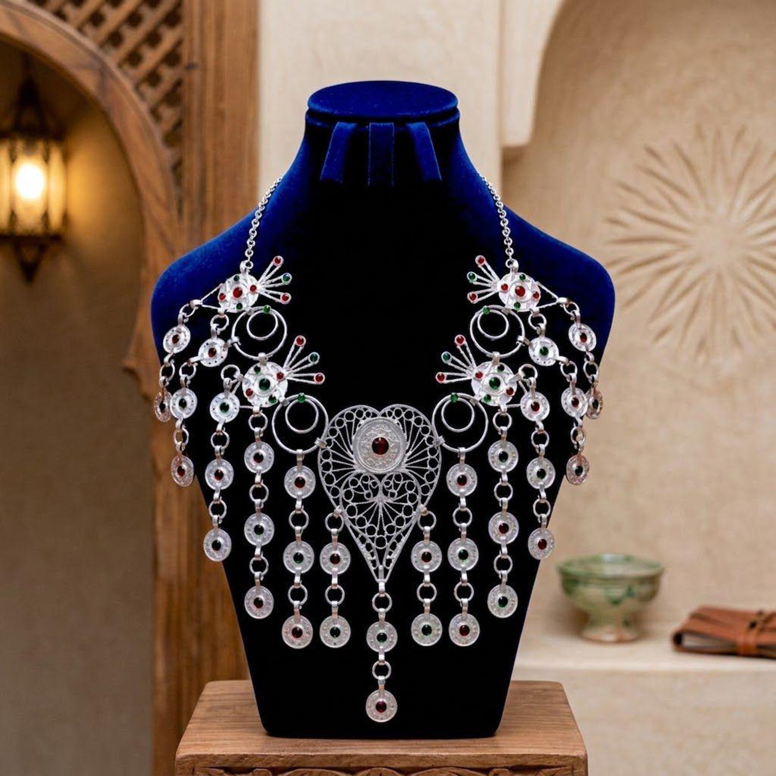 Amazigh Berber Silver Plated Statement Necklace with Tribal Design