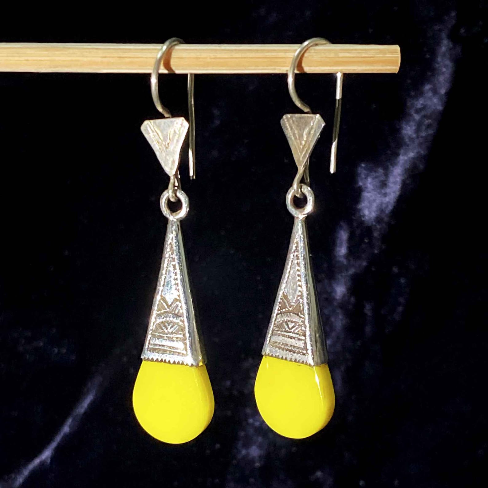 Berber Tuareg Silver and Glass Yellow Earrings with Verre In-Gall Design