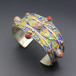 Berber Tuareg Sterling Coral Enamel Cuff Bracelet Jewelry