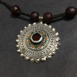 Berber Antique Silver Pendant Necklace with Dark Red Glass Beads