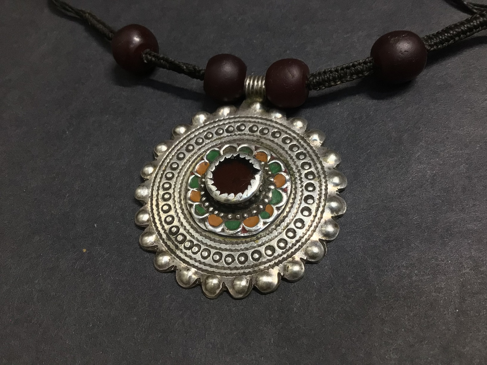 Berber Antique Silver Pendant Necklace with Dark Red Glass Beads