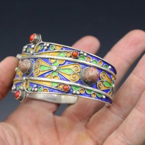 Berber Tuareg Sterling Coral Enamel Cuff Bracelet Jewelry
