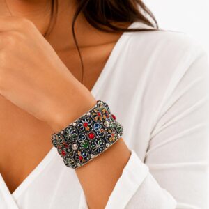 Berber Kabyle Statement Bracelet with Colorful Enamel Cuff Design
