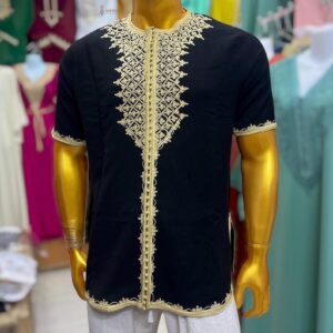 Amazigh Men’s Loulan Tunic Beige Black Embroidery Traditional Style