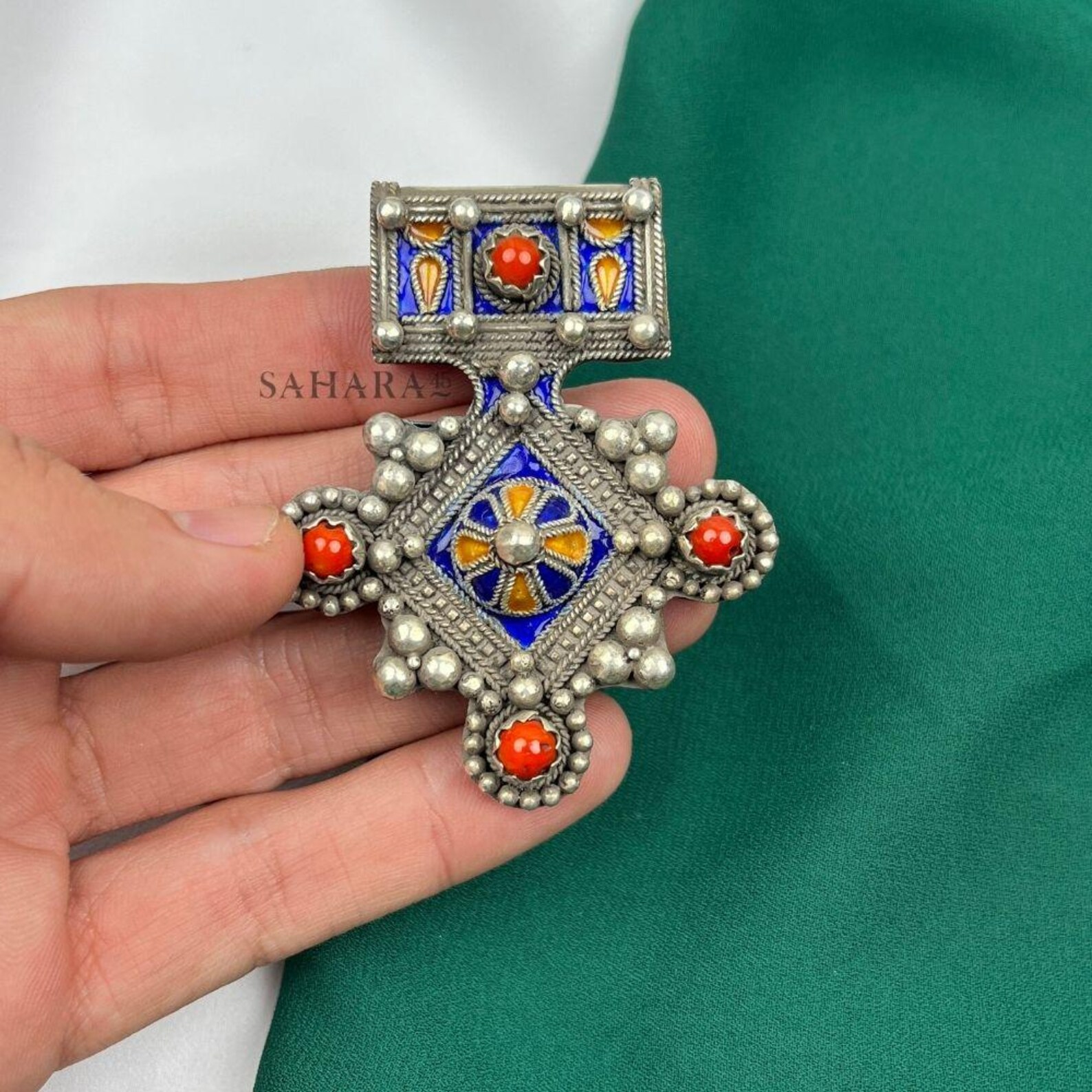 Berber Baghdad Vintage Pendant Necklace with Red Beads and Silver