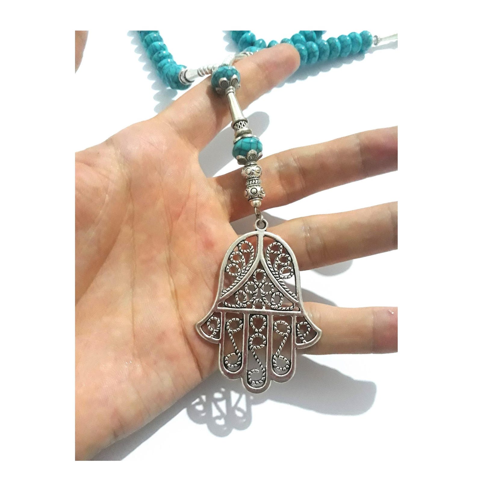 Berber Amazigh Hamsa Necklace with Turquoise Beaded Boho Cord