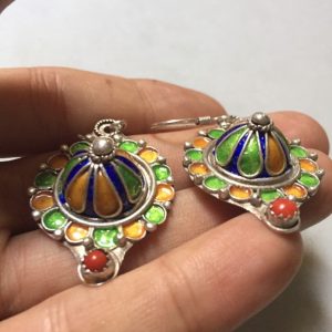 Berber Enamel Silver Earrings with Natural Coral Jewelry Design