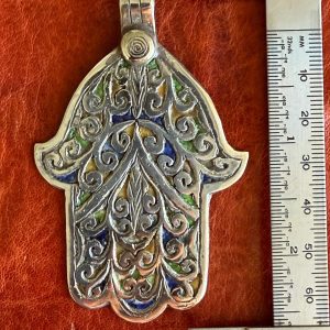 Berber Hamsa Enamel Pendant Solid Silver Necklace Vintage Style