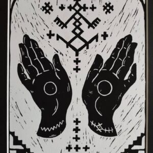 Amazigh Berber Palme and Protective Hands Linocut Print