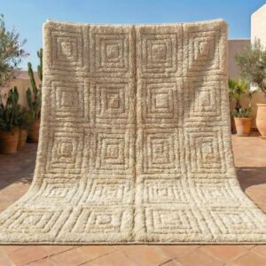 Berber Cream Textured Grid Pattern Handwoven Wool Rug Atlas Decor
