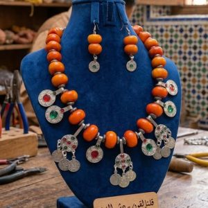 Amazigh Orange Beaded Berber Necklace with Tiznit Pendants