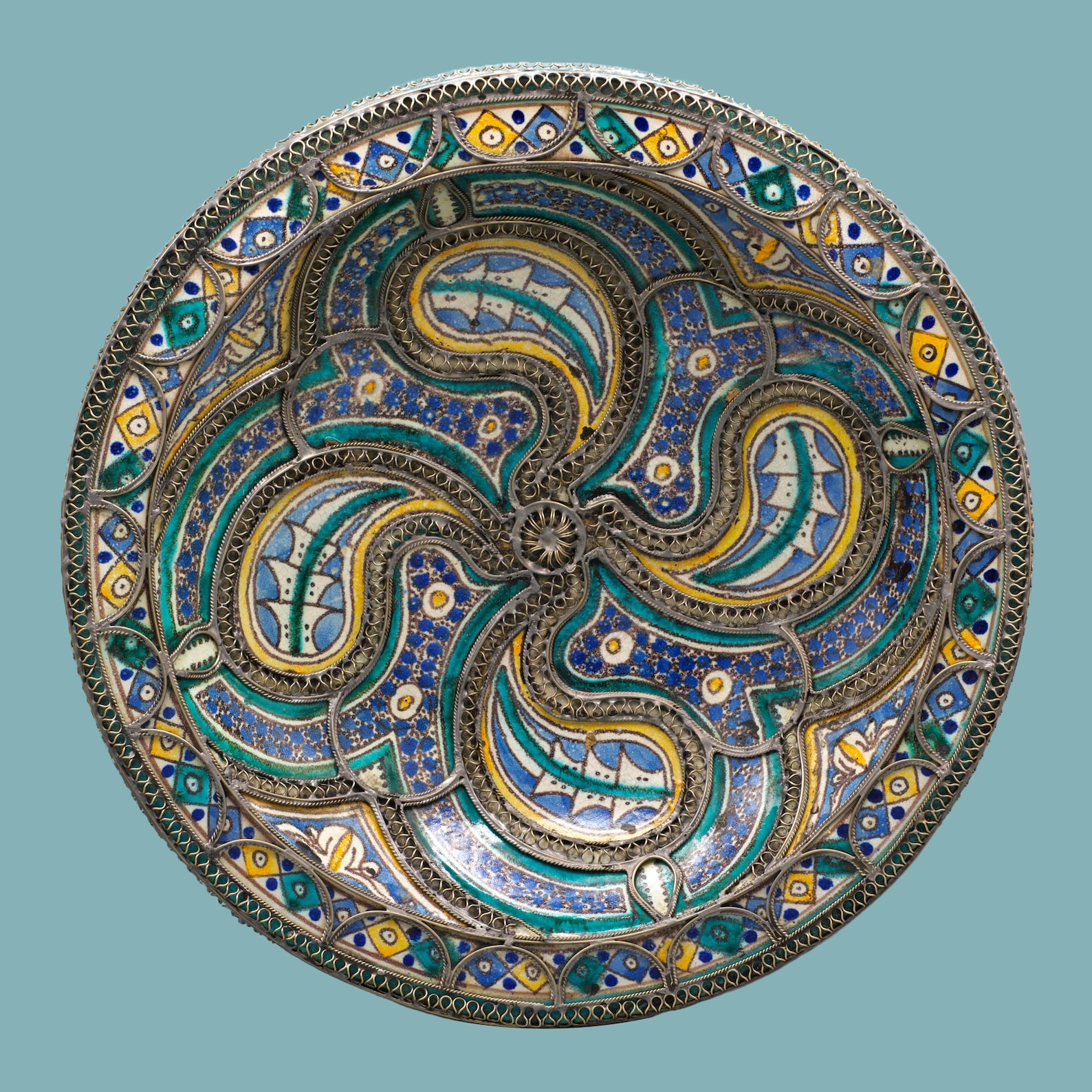 Antique Berber Amazigh Ceramic Plate with Silver Filigree