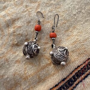 Berber Silver Earrings with Natural Coral Bead Pendants