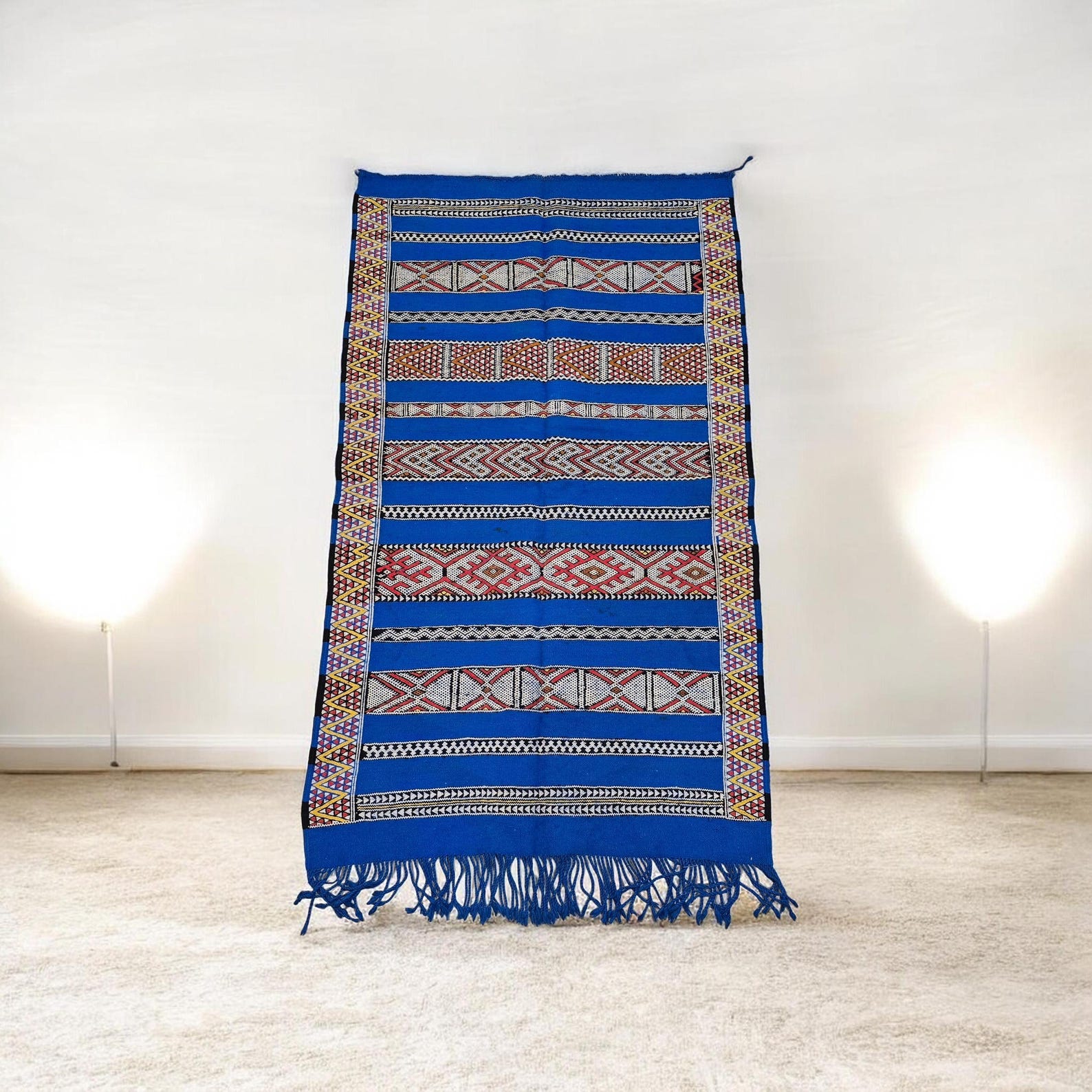 Amazigh Middle Atlas Vintage Blue Kilim Rug with Symbolic Designs