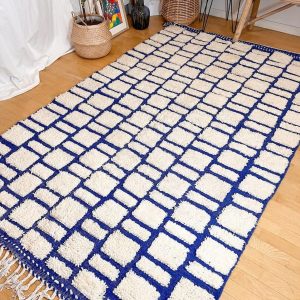 Berber Beni Ourain Blue Grid Handmade Wool Rug with Boujaad Style