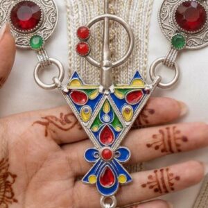 Amazigh Berber Red Green Stone Enamel Pendant Statement Necklace