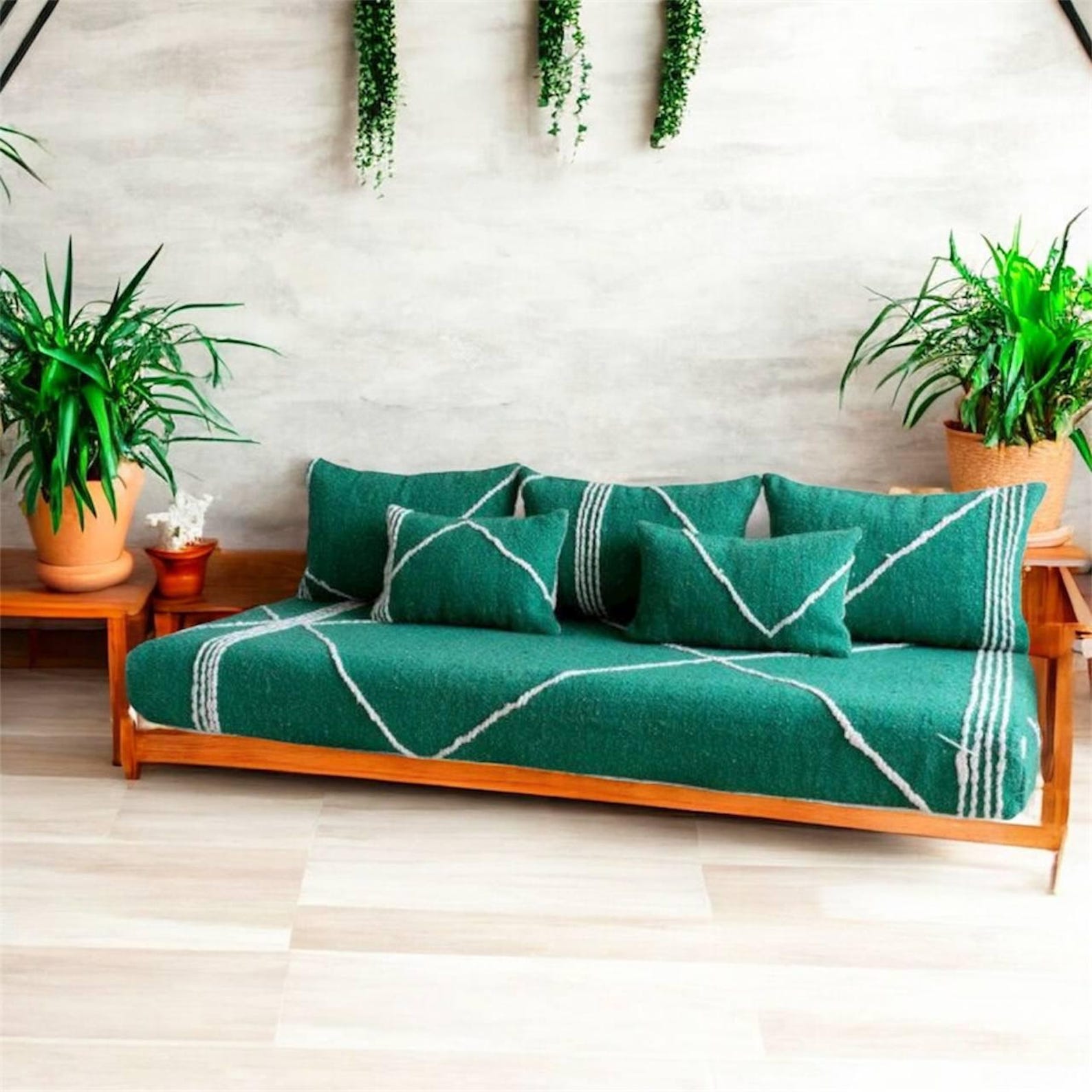 Berber Handmade Green Wool White Stripe Majlis Floor Sofa Pillow