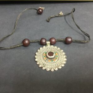 Berber Antique Silver Pendant Necklace with Dark Red Glass Beads