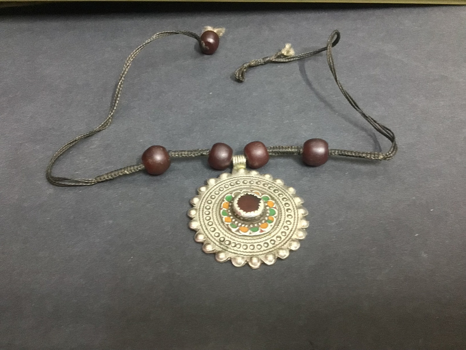 Berber Antique Silver Pendant Necklace with Dark Red Glass Beads