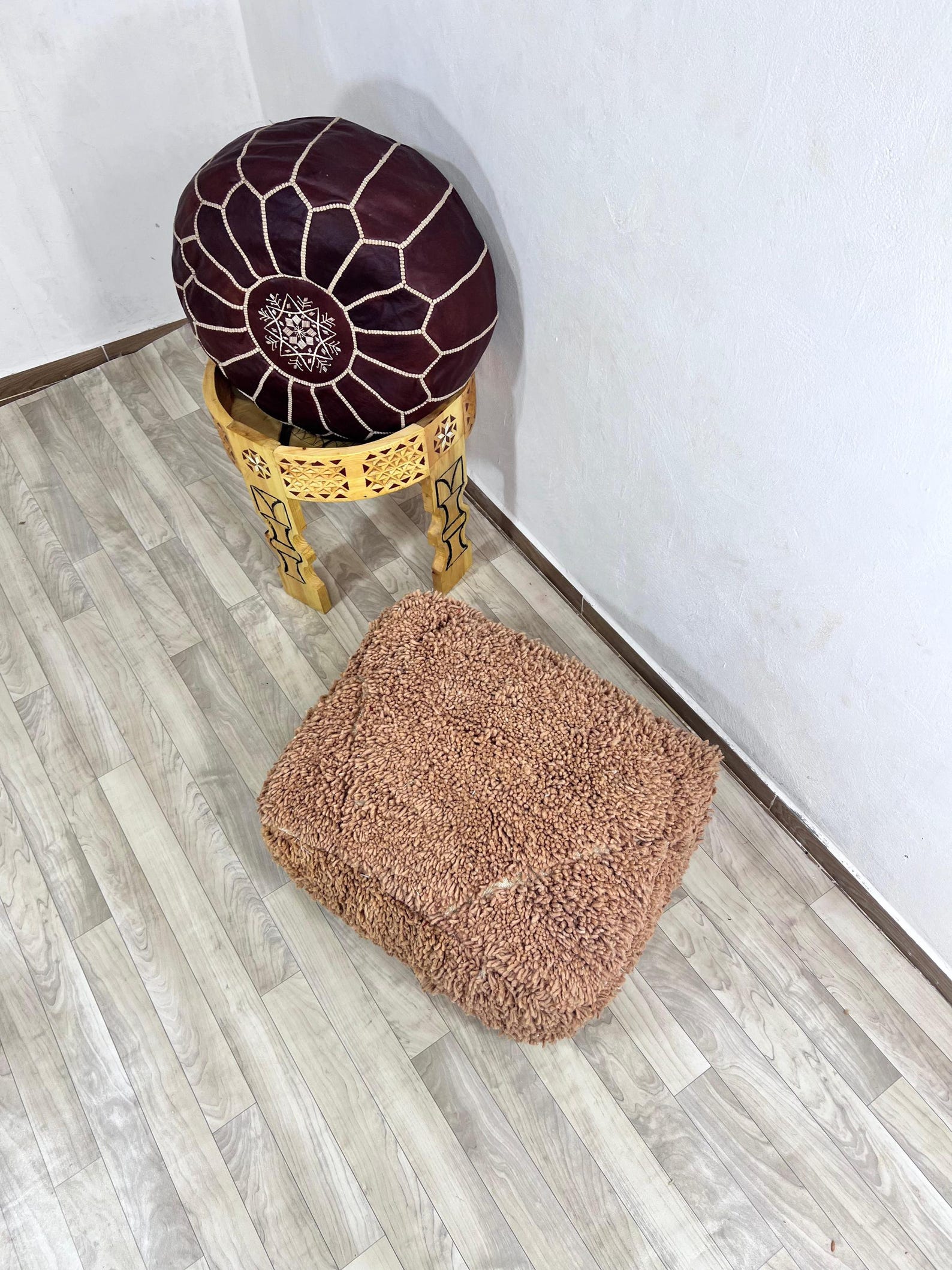 Amazigh Handwoven Berber Wool Floor Pouf with Hanbel Design