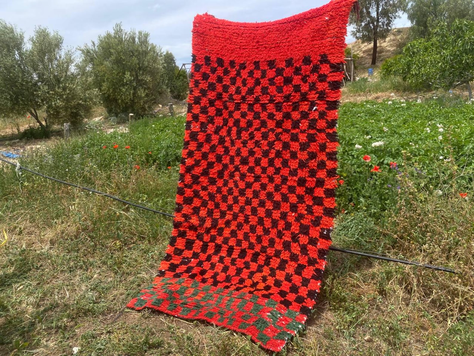 Amazigh Berber Handwoven Akhnif Kilim Rug Red Black Wool Design