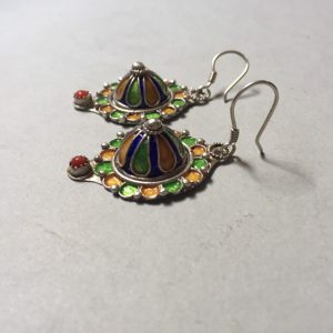 Berber Enamel Silver Earrings with Natural Coral Jewelry Design