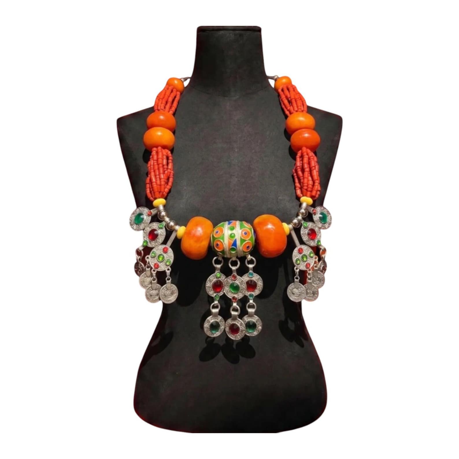 Amazigh Berber Handmade Beaded Statement Necklace with Colorful Charms