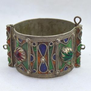 Berber Amazigh Enamel Cuff Bracelet with Red Cabochon Accents Pin Closure