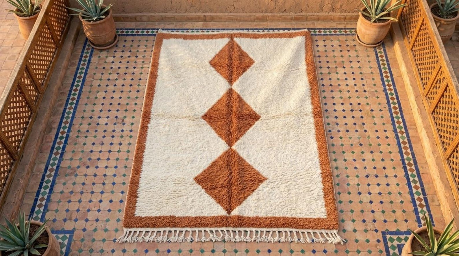 Handwoven Berber Beni Ourain Wool Rug Terracotta Diamond Area Rug