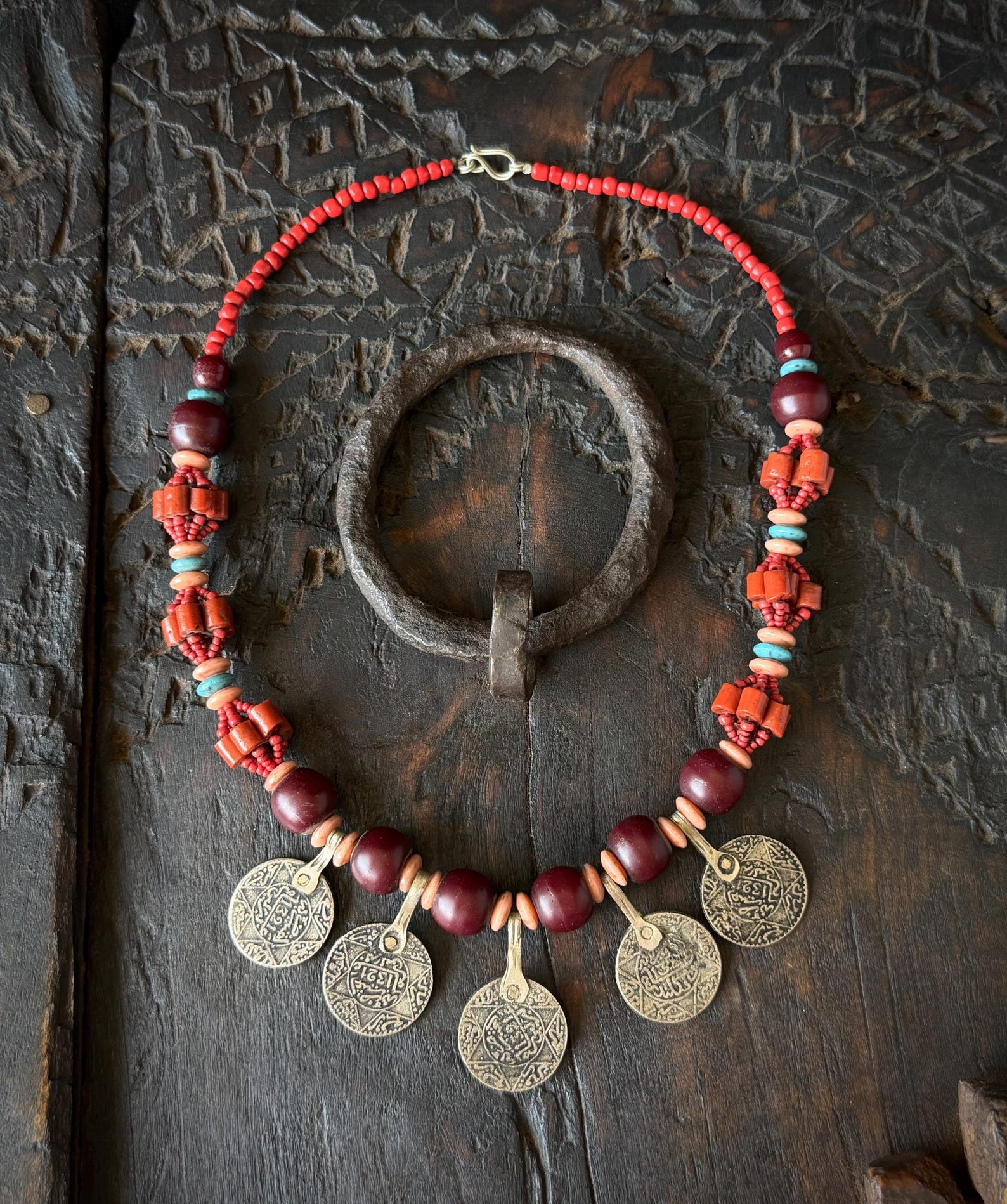 Amazigh Berber Five Coin Beaded Artisan Traditional Necklace