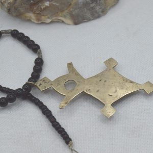 Berber Tuareg Cross Necklace with Carnelian Stone and Black Beads