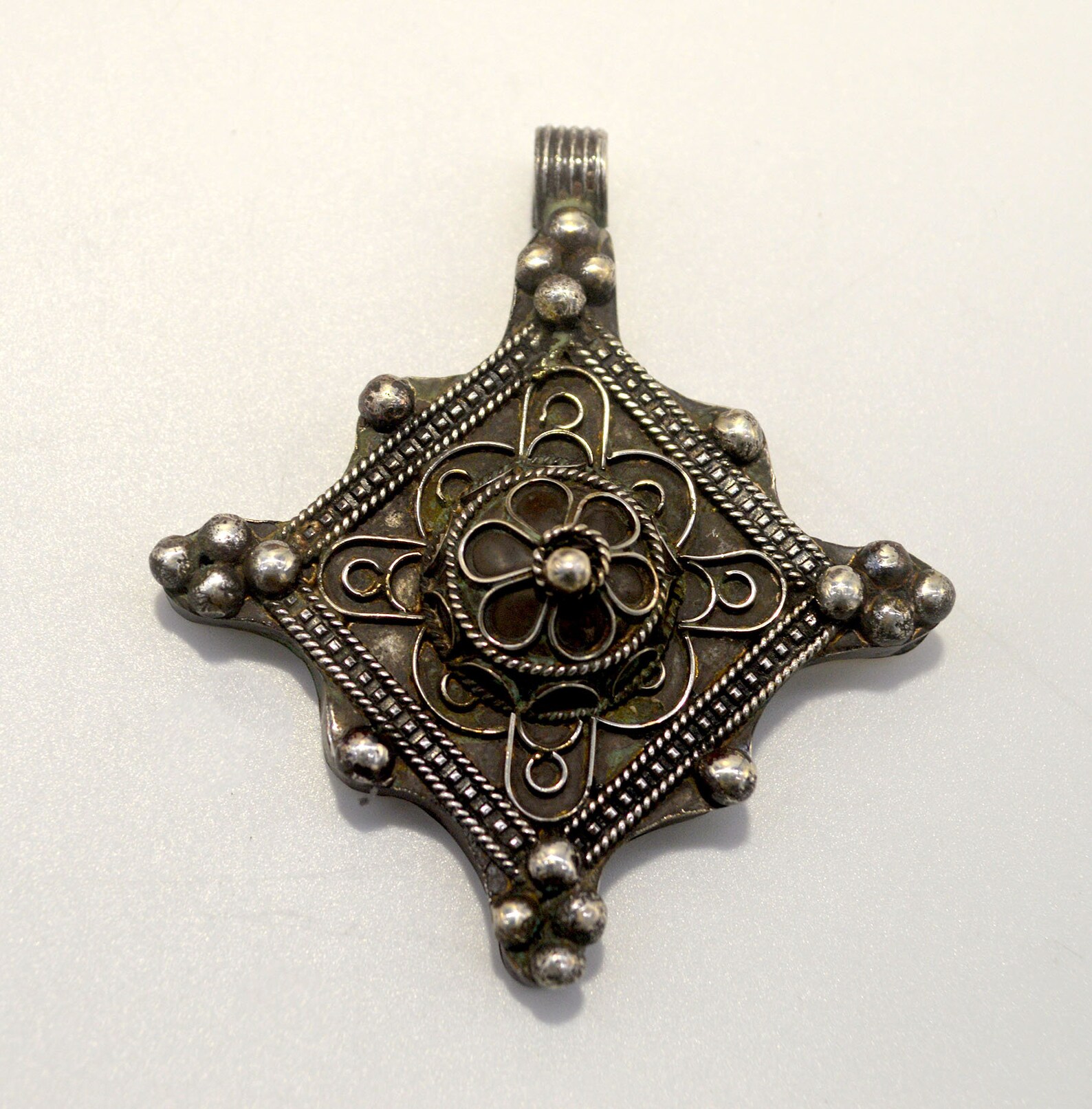 Berber Tuareg Silver Pendant Necklace with Geometric Engraved Design