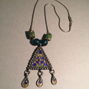 Berber Enamel Silver Pendant Necklace with African Trade Bead Chain
