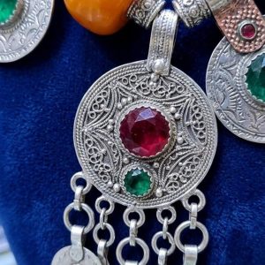 Amazigh Orange Beaded Berber Necklace with Tiznit Pendants
