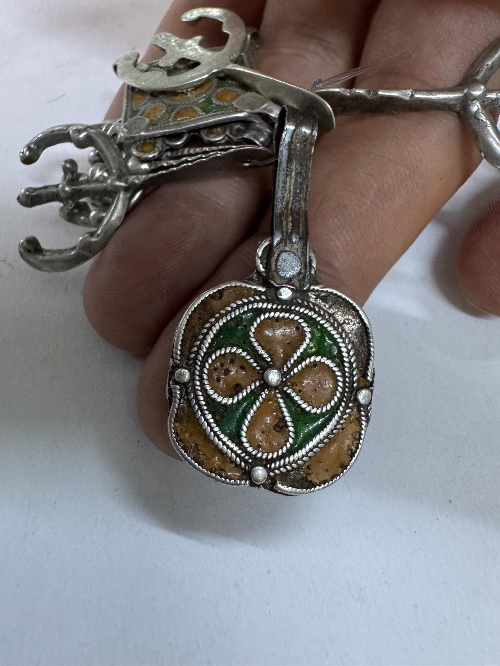 Antique Amazigh Berber Enamel Silver Pendant Necklace with Eight Pendants