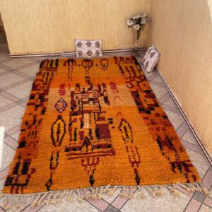 Amazigh Berber Orange Wool Rug Handmade Bohemian Geometric Design