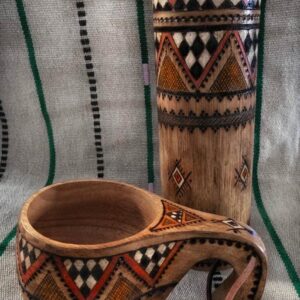 Amazigh Berber Hand Painted Tea Canister Wooden Cup Set