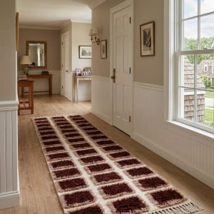 Berber Handmade Ivory Wool Runner Rug with Dark Red Square Pattern