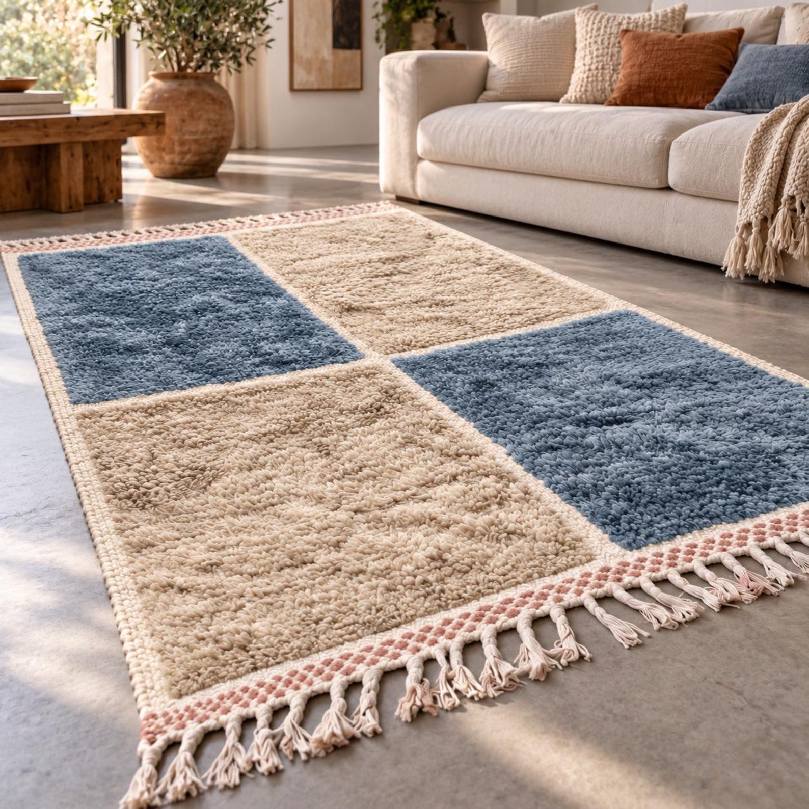 Berber Handmade Shag Four-Block Wool Rug Custom Size