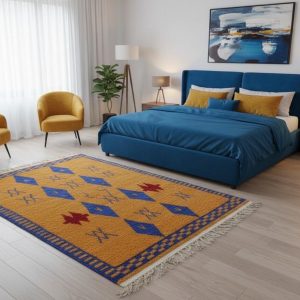 Berber Handmade Mustard Orange and Royal Blue Geometric Wool Rug