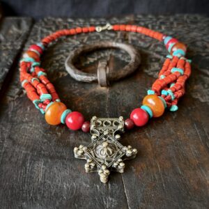 Berber Amazigh Croix de Boghdad Coral Turquoise Necklace