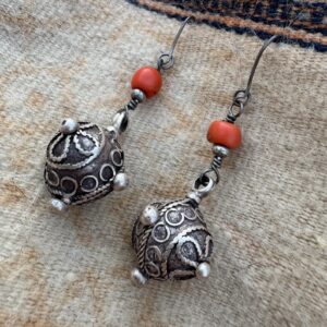 Berber Silver Earrings with Natural Coral Bead Pendants