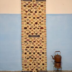 Berber Akhnif Kilim Wool Runner Rug Natural White Handmade