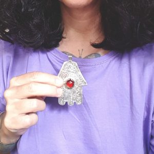 Berber Large Hamsa Necklace with Red Glass Silver Amulet Pendant