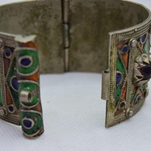 Berber Amazigh Enamel Cuff Bracelet with Red Cabochon Accents Pin Closure