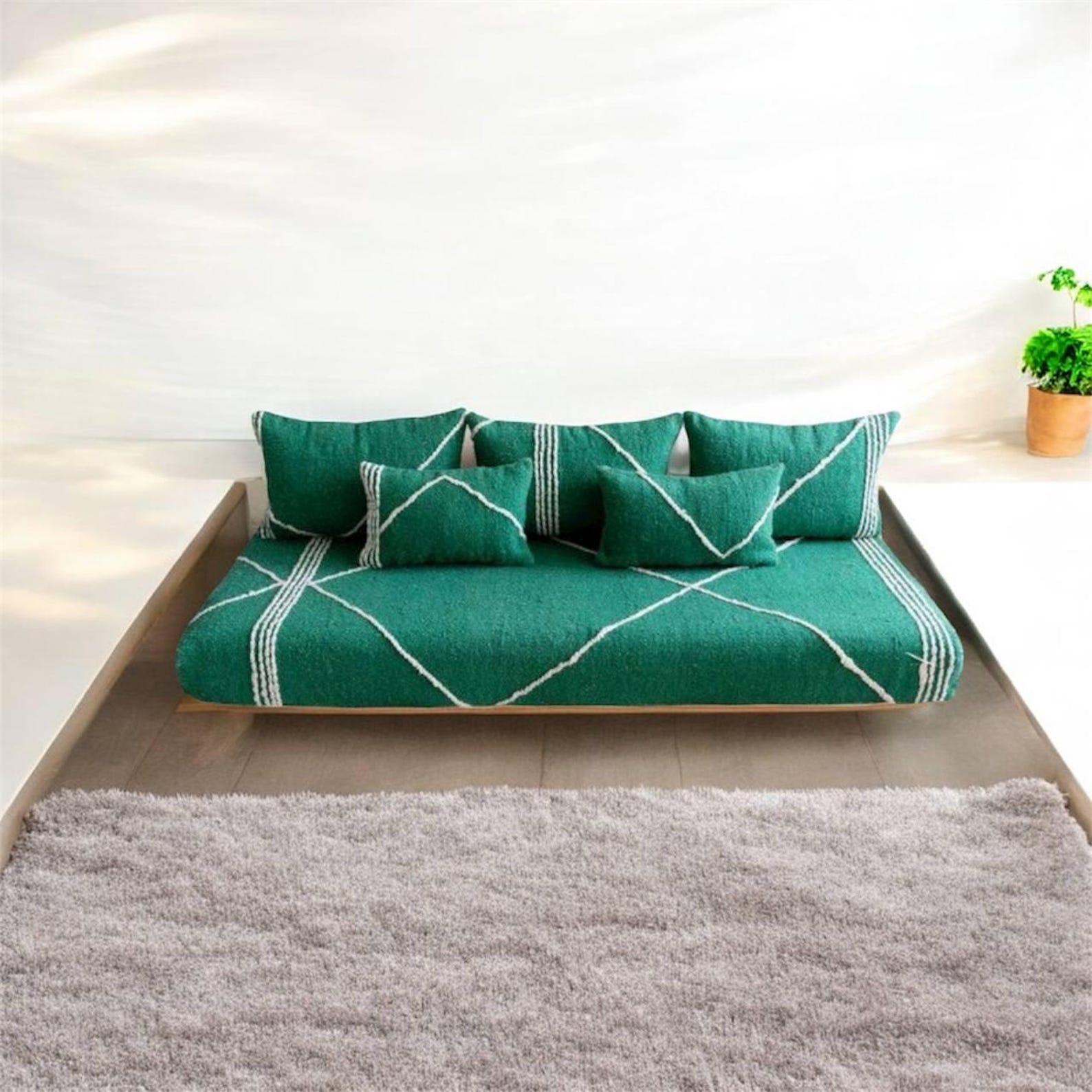 Berber Handmade Green Wool White Stripe Majlis Floor Sofa Pillow