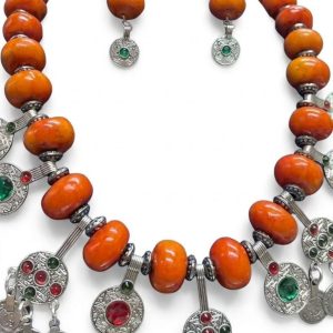 Amazigh Orange Beaded Berber Necklace with Tiznit Pendants