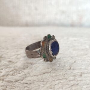 Amazigh Antique Berber Silver Ring with Blue Glass Flower Size 8