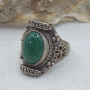 Amazigh Berber Green Agate Silver Statement Ring with Tribal Details