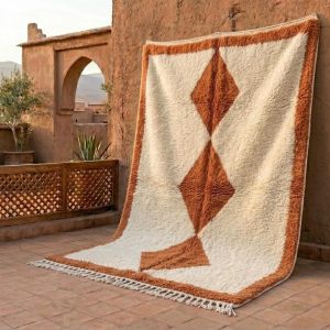 Handwoven Berber Beni Ourain Wool Rug Terracotta Diamond Area Rug